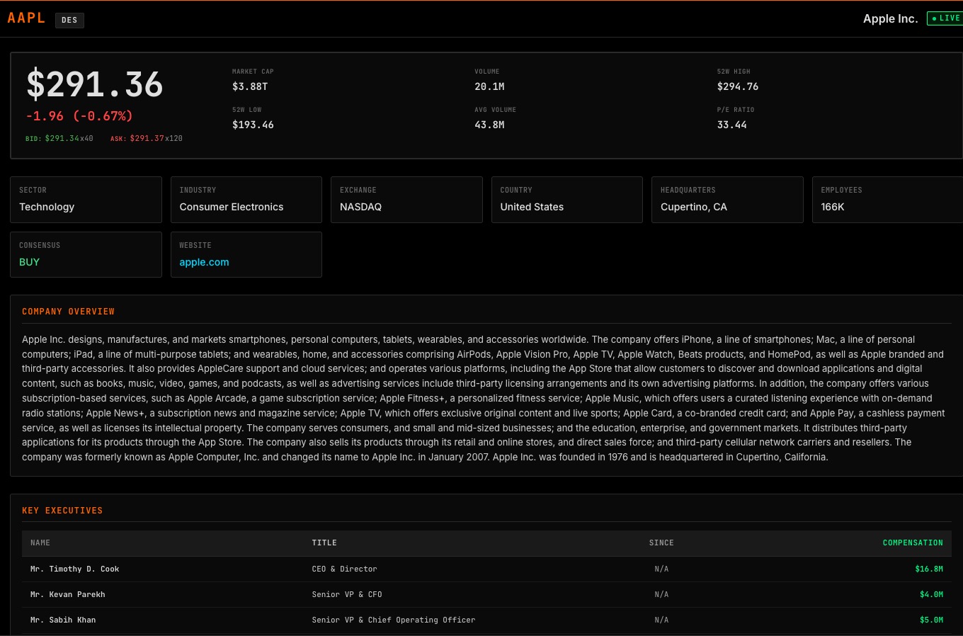 DES command showing Apple company profile with executives and key metrics