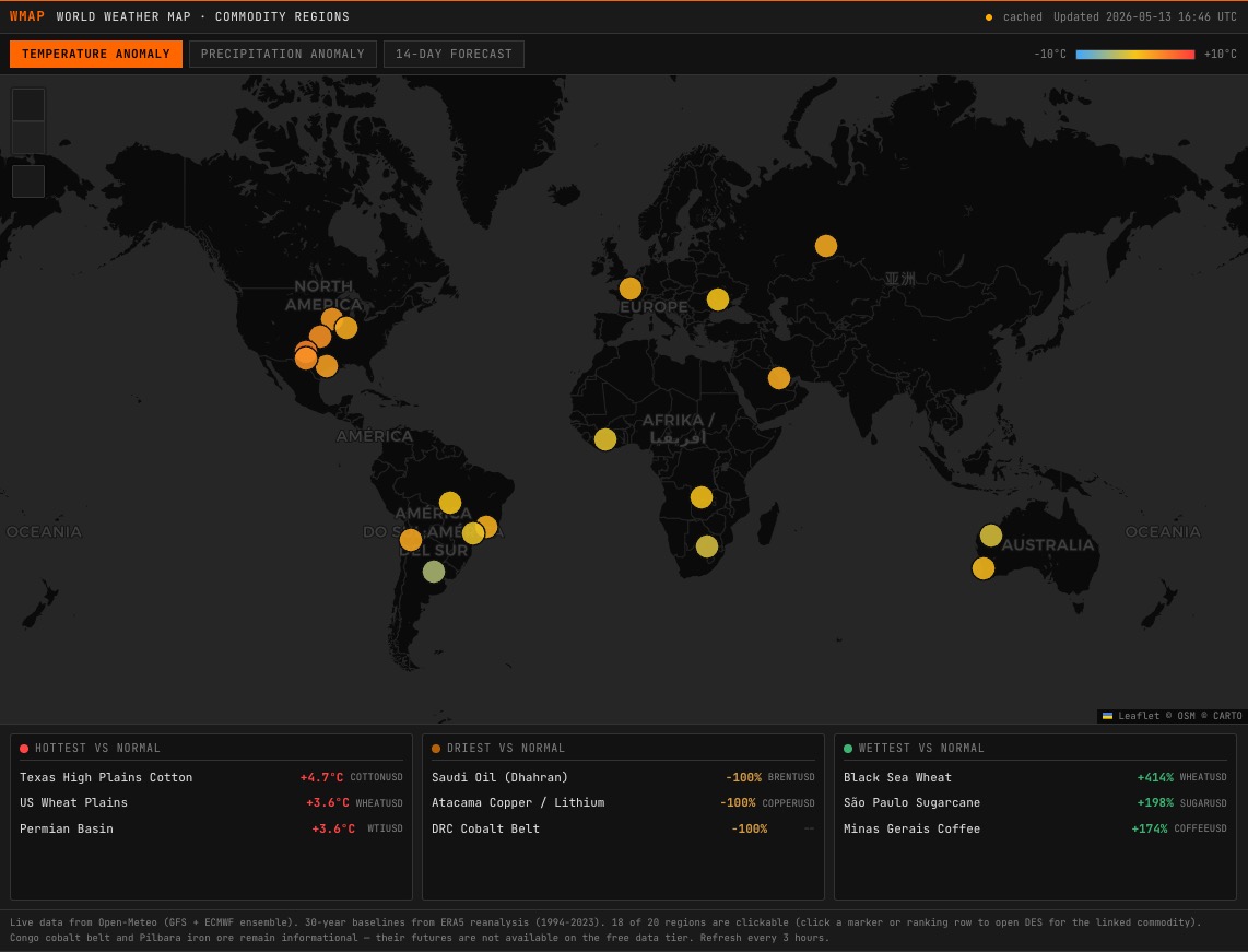 WMAP command showing global weather map with commodity-region overlays