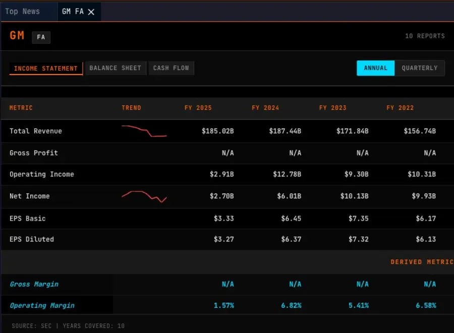 FA command showing financial statements