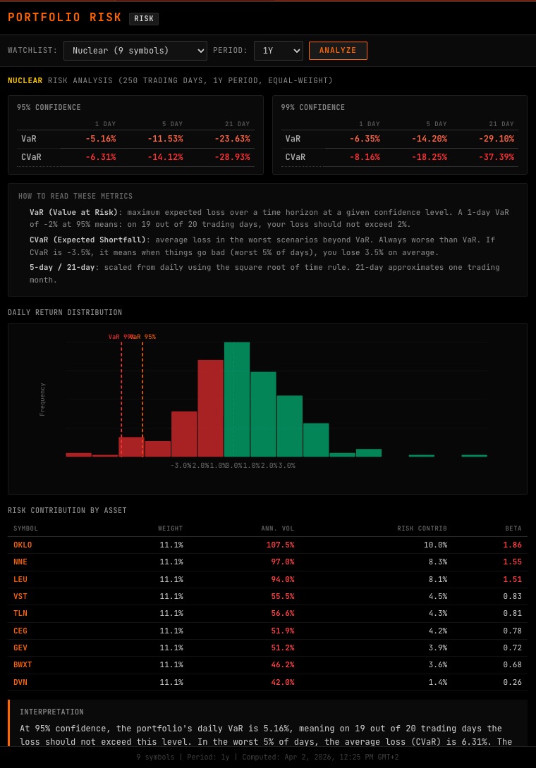 RISK command showing portfolio risk metrics